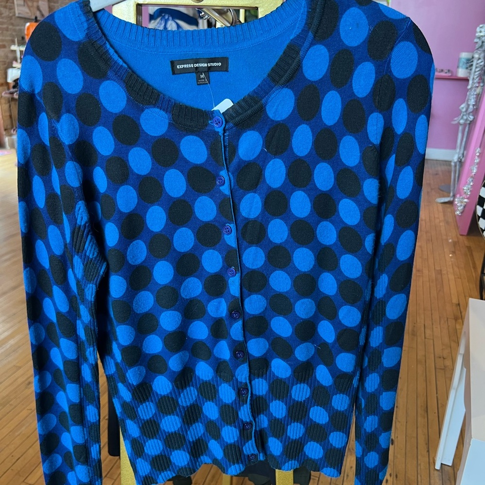 Express Blue and Black Polka Dot Cardigan